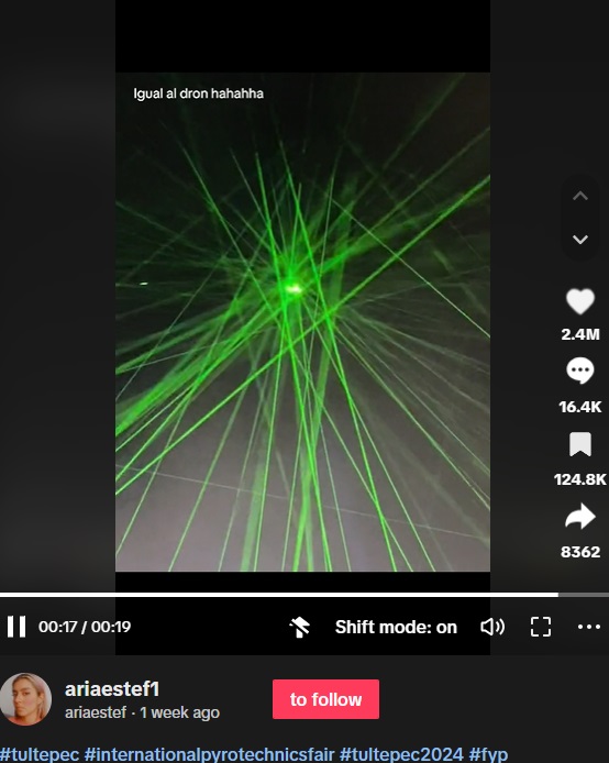 大勢の群衆が上空を飛ぶ民間航空機に向けてレーザー光を照射。夜空がいくつもの光線で緑色に染まる様子が撮影され「非常に危険な行為」「あまりにも愚か」といった声が寄せられた（『ariaestef　TikTok「＃tultepec ＃feriainternacionaldelapirotecnia」』より）