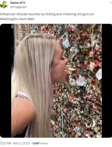 米カリフォルニア州に住むインフルエンサーの女性が2023年10月、世界で最も汚い壁と言われるワシントン州シアトルの「ガムの壁」を舐める様子をSNSに投稿。「吐き気がする」と非難の声が殺到していた（『Game of X　X「Influencer shocks tourists by licking and chewing old gum on Washington Gum Wall」』より）