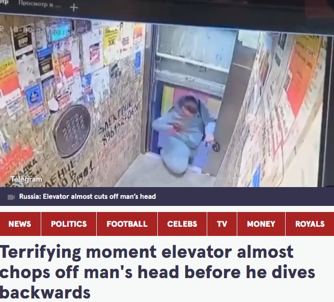 ロシアの集合住宅で2022年10月、エレベーターが男性を挟んだまま急上昇し、男性は危うく首を切断されそうになったという（『The Mirror　「Terrifying moment elevator almost chops off man’s head before he dives backwards」（Image: Telegram）』より）