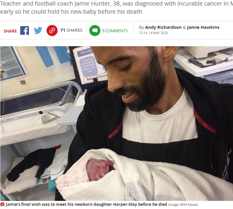 2020年3月、末期の腎臓がんと診断されたイギリス在住の男性。パートナーが出産を2週間早め、亡くなる2日前の5月11日に娘を抱きしめていた（『Mirror　「Heartbreak as dad dies from cancer 48 hours after first cuddle with newborn daughter」（Image: BPM Media）』より）