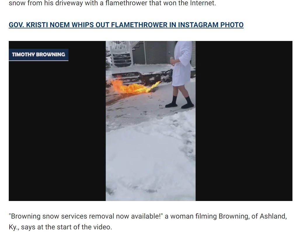 米ケンタッキー州在住の男性は2020年12月、自宅前を除雪することに。しかし手にはスコップではなく、家庭用火炎放射器を持っていた（『Fox News　「Kentucky man goes viral for clearing snowy driveway with flamethrower」』より）