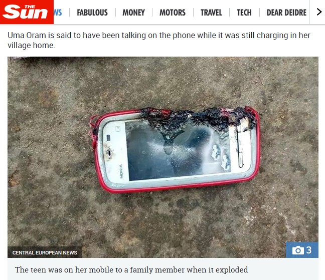 インド在住の18歳少女が2018年3月、スマートフォンの爆発によって命を落とした。充電ケーブルにスマートフォンを繋げたままチャットをしていたという（『The Sun　「DEADLY CALL Girl, 18, killed when Nokia phone she was chatting on EXPLODED after she plugged it in」（IMAGE: CENTRAL EUROPEAN NEWS）』より）