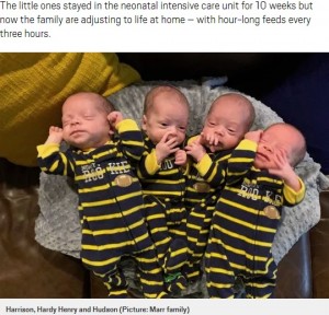 米テキサス州在住の35歳女性が2020年3月、自然妊娠で四つ子を出産した。しかも一卵性の四つ子は世界で72例しか報告されておらず、担当医は「私のキャリアで最初で最後のケースになるでしょう」と語っていた（『Metro　「Mum gives birth to identical quadruplets, defying one in 15 million odds」（Picture: Marr family）』より）