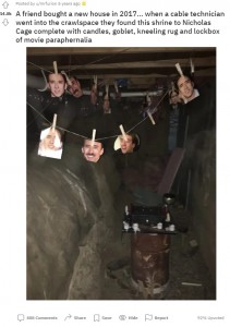 オーストラリアの中古住宅の床下から2018年、ニコラス・ケイジを祀った祭壇が見つかる。彼の写真が少なくとも12枚ほど吊るされていた（『mrfurion　Reddit「A friend bought a new house in 2017...」』より）
