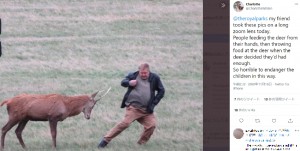 2020年、英ロンドンの公園で数人が野生の鹿に近づく姿が撮影された。近すぎる距離に驚いた鹿が1人の男性に角を向け襲う素振りを見せると、男性は走って逃げていた（『Charlotte　X「＠theroyalparks my friend took these pics on a long zoom lens today.」』より）