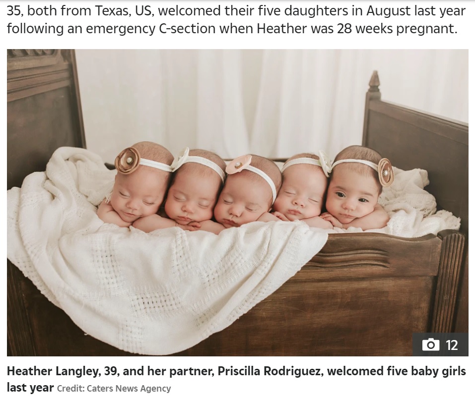 米テキサス州出身のカップルに2020年8月、五つ子が誕生。しかも全員が女児でアメリカ史上2例目という大変珍しいケースだった（『The Sun　「HIGH FIVE We wanted just one more baby to complete our family - then fell pregnant with all-girl quintuplets」（Credit: Caters News Agency）』より）