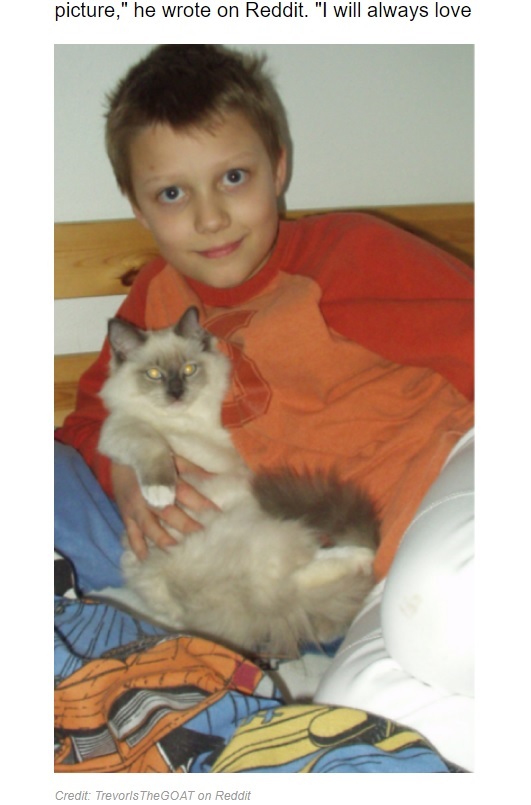 飼い主が9歳の頃、家にやってきたというラグドール。その後、20年を一緒に過ごしてきた（『Sunny Skyz　「Man Recreates 20-Year-Old Photo With Cat Before Putting Him To Sleep」（Credit: TrevorIsTheGOAT on Reddit）』より）