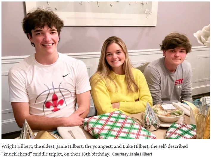 三つ子として生まれてから18年間、出生順を両親が隠していたため、誰が末っ子なのかを知らなかった3人（『TODAY　「Triplets find out their birth order at age 18 in viral TikTok. Why their parents waited: EXCLUSIVE」（Courtesy Janie Hilbert）』より）