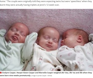 英ノース・ヨークシャー州に住む夫妻に2023年3月、自然妊娠で一卵性の三つ子が誕生。1つの胎盤を共有する三つ子は、2億分の1の確率で生まれたことになるそうだ（『WalesOnline　「One in 200 million chance triplets survive to go home」（Image: （C）James Casper / SWNS）』より）