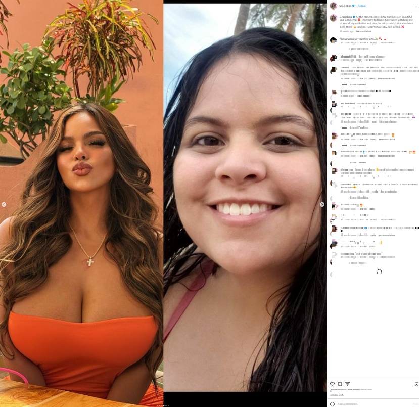 今年1月に「顔の整形は一度もしたことがない」と打ち明け、過去の写真を投稿していたグレイシーさん。しかし「鼻が違う」「化粧だけでここまで変わるの？」といった声も寄せられた（『GRACIE BON　Instagram「como cambia la vida cuando empiezas a amarte a ti misma」』より）