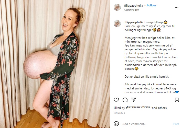 デンマークで三つ子を妊娠した女性。2021年12月に出産予定日まであと1週間の姿をSNSに投稿したところ、「巨大なスイカを丸呑みしたみたい」といった声が届いていた（『Michella Meier-Morsi　Instagram「En uge tilbage」』より）