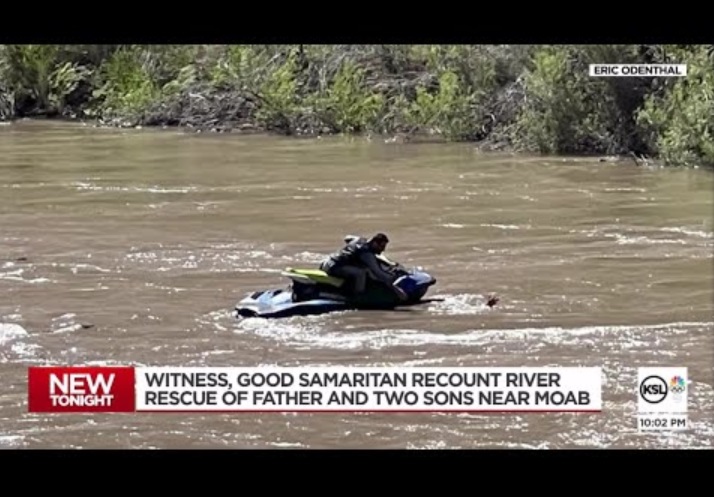 米ユタ州を流れるコロラド川で6日、インフレータブルカヤックに乗っていた父子3人が激流の中に投げ出される。その時、ある男性がジェットスキーに乗って現れた（『KSL News　YouTube「Good Samaritan, witness recount Moab river rescue of father and two sons」』より）