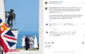 英国ノルマンディー記念碑前に立つチャールズ国王夫妻とマクロン大統領夫妻。カミラ王妃とブリジット夫人は、全身白で統一していた（『The Royal Family　Instagram「At the British Normandy Memorial in Ver-sur-Mer,」』より）
