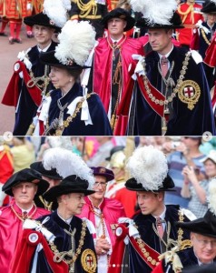 行進に参加したアン王女、エドワード王子とウィリアム皇太子。エドワード王子と皇太子が何やら談話する場面も見られた（『The Prince and Princess of Wales　Instagram「Celebrating the Order of the Garter in Windsor today.」』より）