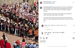 ウィンザーで行われた騎士団によるパレード。年に一度のイベントを見るため、多くの群衆が集まった（『The Royal Family　Instagram「The King and Queen, The Prince of Wales and other members of the Royal Family have attended a service for the Most Noble Order of the Garter at St George’s Chapel in Windsor.」』より）