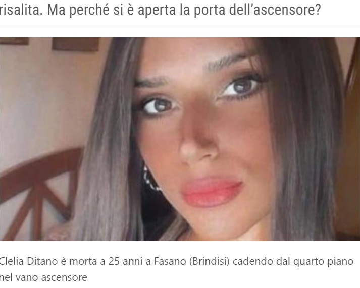 イタリア南部ブリンディジ県ファザーノの集合住宅で今月1日、4階からエレベーターに乗り込んで死亡した25歳の女性（『Quotidiano Nazionale　「Ragazza cade nel vano ascensore e muore: tragedia a Fasano」』より）