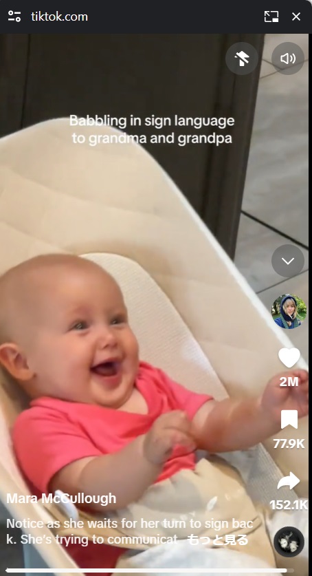 大声を出して興奮するジェーンちゃん。祖父母と手話の喃語で会話する姿には「なんてキュートなの！」「涙が溢れてきた」「大興奮よ」といったコメントが寄せられた（『Mara McCullough　TikTok「Notice as she waits for her turn to sign back.」』より）