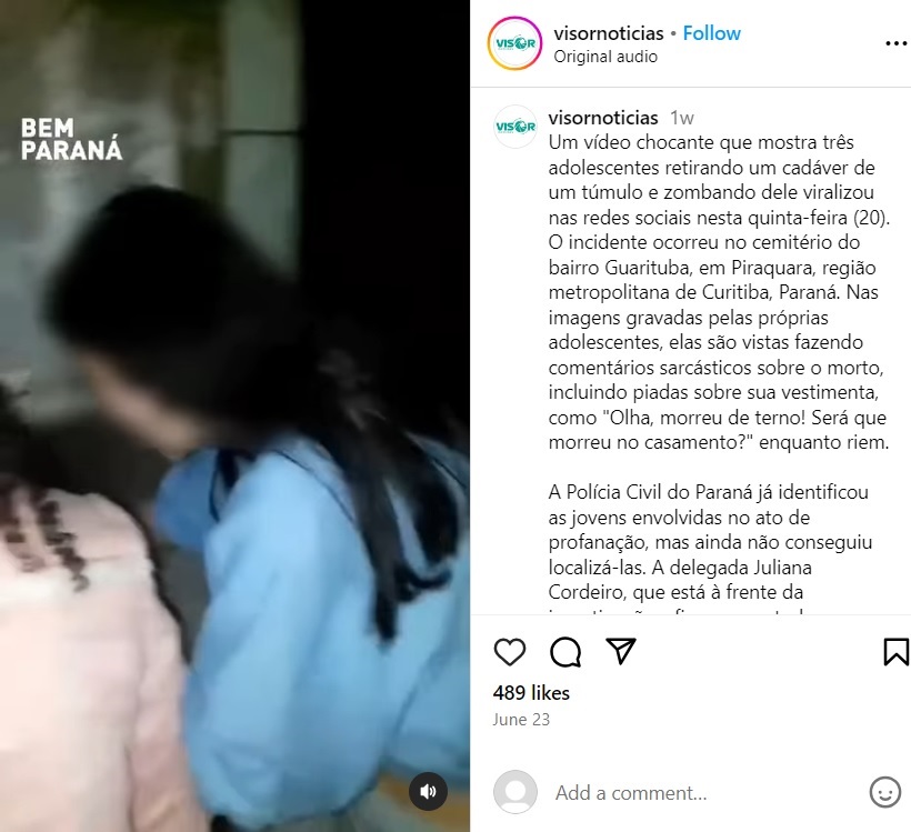 ブラジルのある墓地で撮影された、少女たちのとんでもない行動に警察が動く（『visornoticias　Instagram「Um vídeo chocante que mostra três adolescentes retirando」』より）