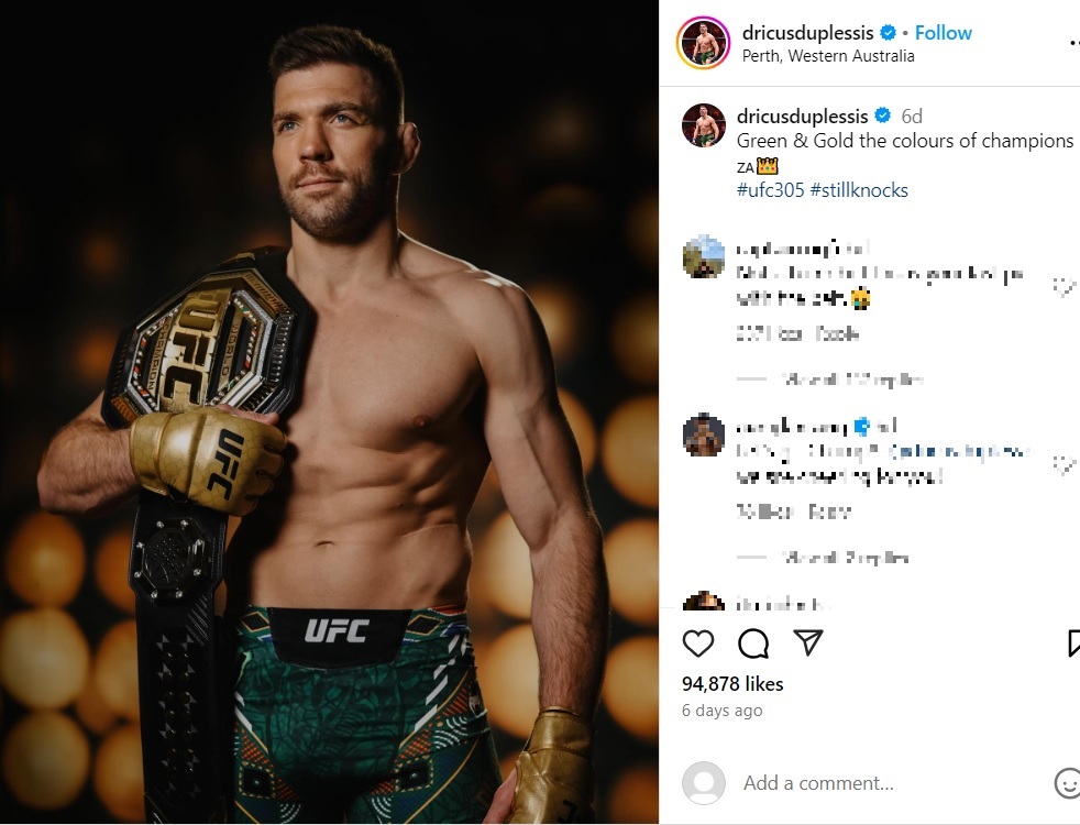 王者防衛した南アフリカ人のドリカス・デュ・プレシ選手（『Dricus du Plessis　Instagram「Green ＆ Gold the colours of champions」』より）