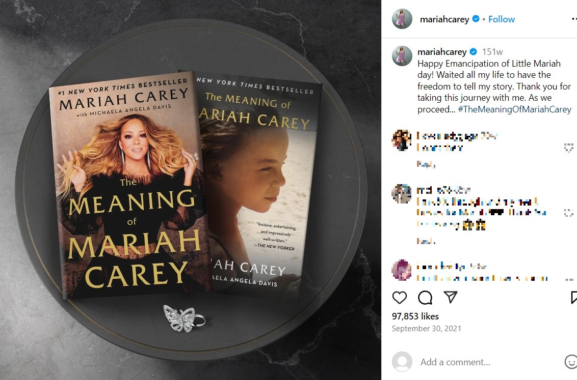 マライア・キャリーが2020年に出版した回顧録『The Meaning of Mariah Carey』。同書には、母親や姉について言及していた（『Mariah Carey　Instagram「Happy Emancipation of Little Mariah day!」』より）