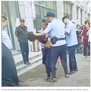 最終的に、少年は駆けつけた警察官によって連行された（『South China Morning Post　「5 million watch clip of Chinese teen viciously attacking mum for refusing to give him cash」（Photo: Douyin）』より）