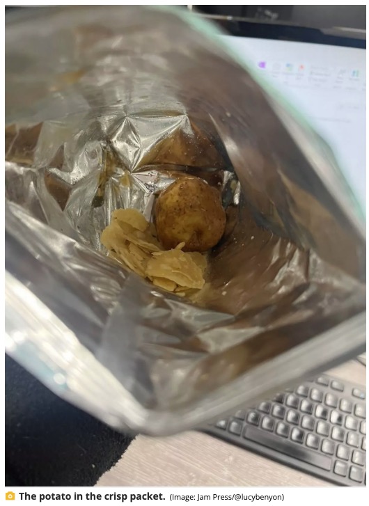 ポテトチップスの袋の底にあった未調理のジャガイモ（『Manchester Evening News　「Woman buys Greggs salt and vinegar crisps - but was shocked when she saw what was inside」（Image: Jam Press/＠lucybenyon）』より）