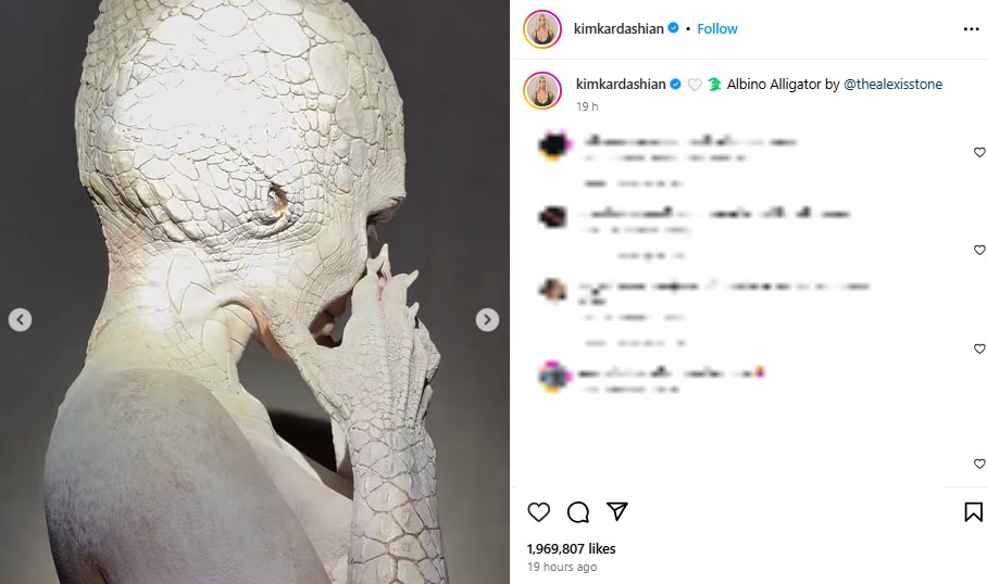 サイドから見たキムの頭部。全体にうろこが綿密に施されている（『Kim Kardashian　Instagram「Albino Alligator by ＠thealexisstone」』より）