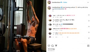 ジムでトレーニングをするデヴィッド。全身が見事に鍛え上げられている（『David Beckham　Instagram「Good morning workout」』より）