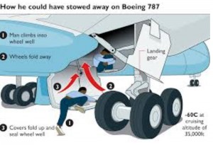 ボーイング787型機の車輪格納部のイメージ。旅客機に隠れて密航した者の77％以上が死亡しており、車輪格納時に押しつぶされたり、低体温症、凍死の危険もある（『Aviation metric　「Man dies, body found in Amsterdam bound plane nose wheel」』より）