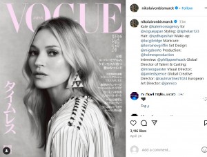 『VOGUE JAPAN』6月号の表紙を飾ったケイト。このほかにもニコライ伯爵は、何度も彼女の撮影を担当してきた（『Nikolai von Bismarck　Instagram「Kate ＠katemossagency」』より）